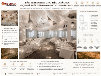 Bàn serpentine cho tiệc cưới 2026: chọn ghế khớp đường cong cho Wedding Planner