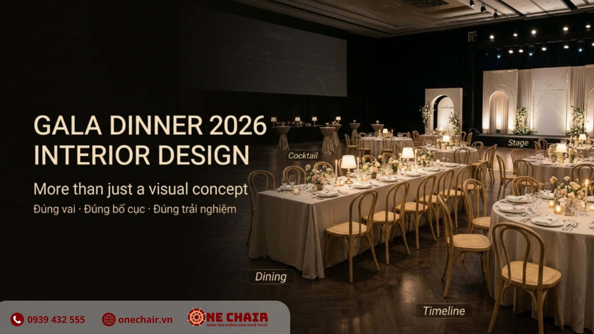 Không gian Gala Dinner 2026 concept Vintage Garden với ghế Thonet Vân Gỗ nhựa Resin, Sofa Lounge Đôi lông cừu trắng và cây xanh do ONE CHAIR cung cấp