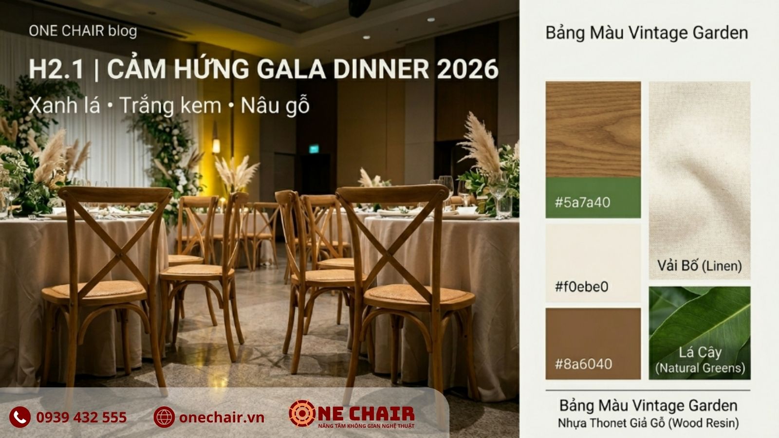 Mood board concept Vintage Garden Gala Dinner 2026 — tông xanh lá trắng kem nâu gỗ với nội thất ONE CHAIR