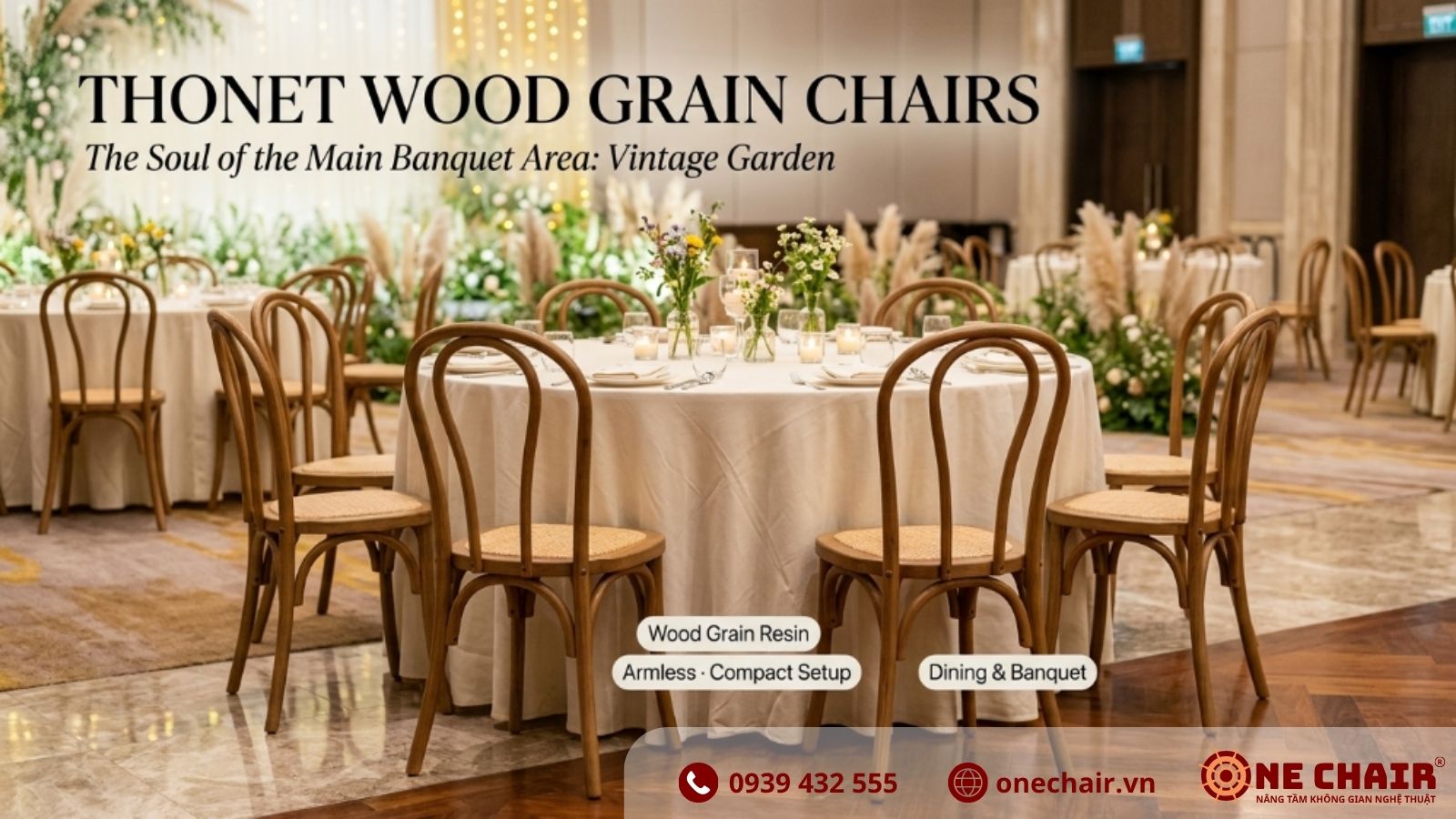 Ghế Thonet Vân Gỗ nhựa Resin cao cấp ONE CHAIR quanh bàn tiệc tròn trong Gala Dinner concept Vintage Garden 2026