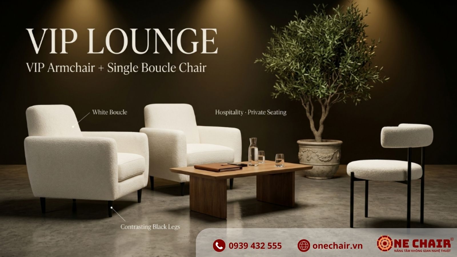 Khu VIP lounge Gala Dinner Vintage Garden với Armchair Đơn VIP vải Boucle trắng và Ghế Boucle Đơn lông cừu trắng ONE CHAIR đặt cạnh cây xanh