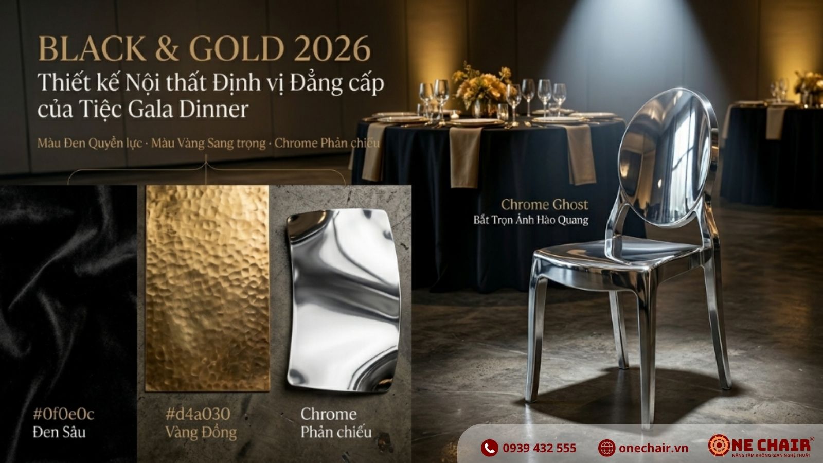 Mood board concept Black & Gold Gala Dinner 2026 với bộ nội thất Chrome Ghost, Black Ghost và Phoenix Golden ONE CHAIR