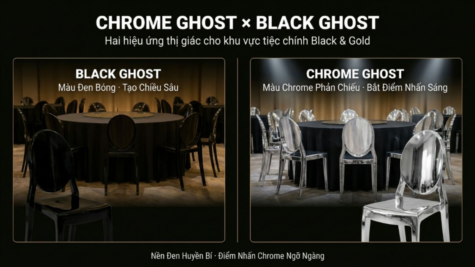Ghế Chrome Ghost phủ chrome óng ánh và Black Ghost đen bóng xen kẽ quanh bàn tiệc tròn trong Gala Dinner Black & Gold 2026 của ONE CHAIR