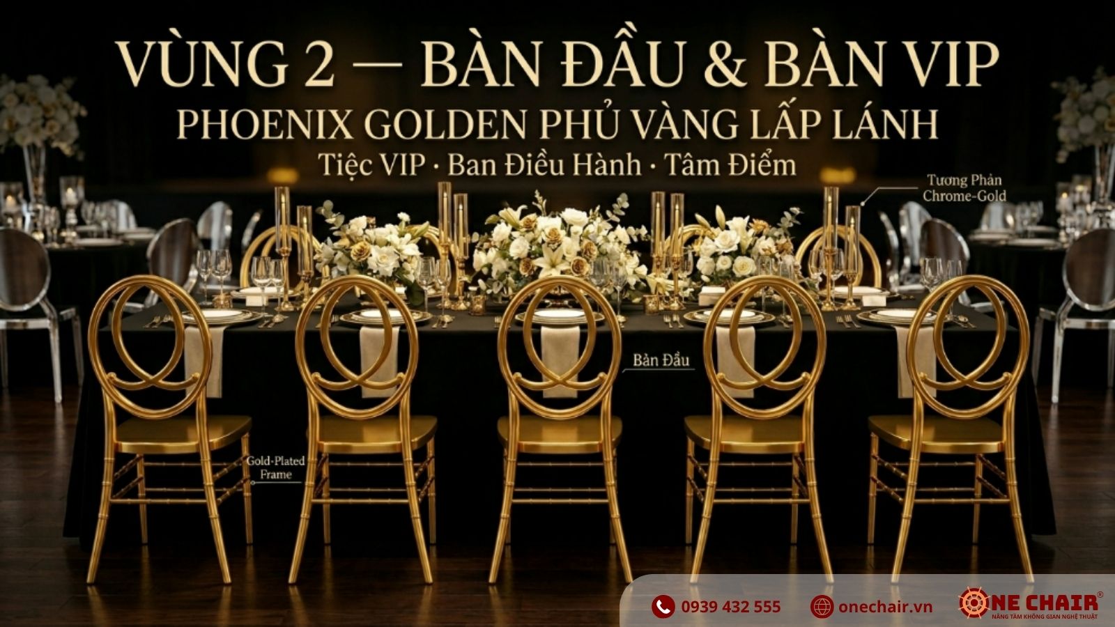 Ghế Phoenix Golden khung mạ vàng óng ánh ONE CHAIR tại bàn chủ tọa Gala Dinner Black & Gold 2026, tương phản với Chrome Ghost phía sau
