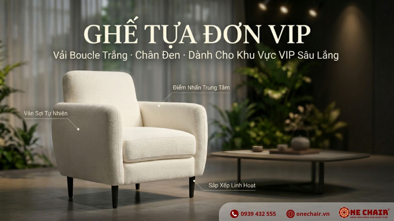 Cận cảnh Armchair Đơn VIP vải trắng Boucle chân kim loại mạ đen ONE CHAIR trong Immersive VIP Zone hội nghị doanh nghiệp
