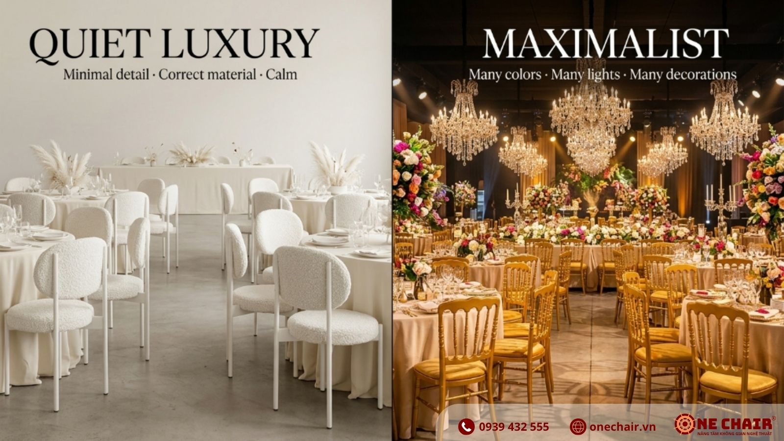 So sánh không gian sự kiện Quiet Luxury all-white với Velvet Chair ONE CHAIR (trái) và không gian sự kiện phô trương nhiều màu (phải)