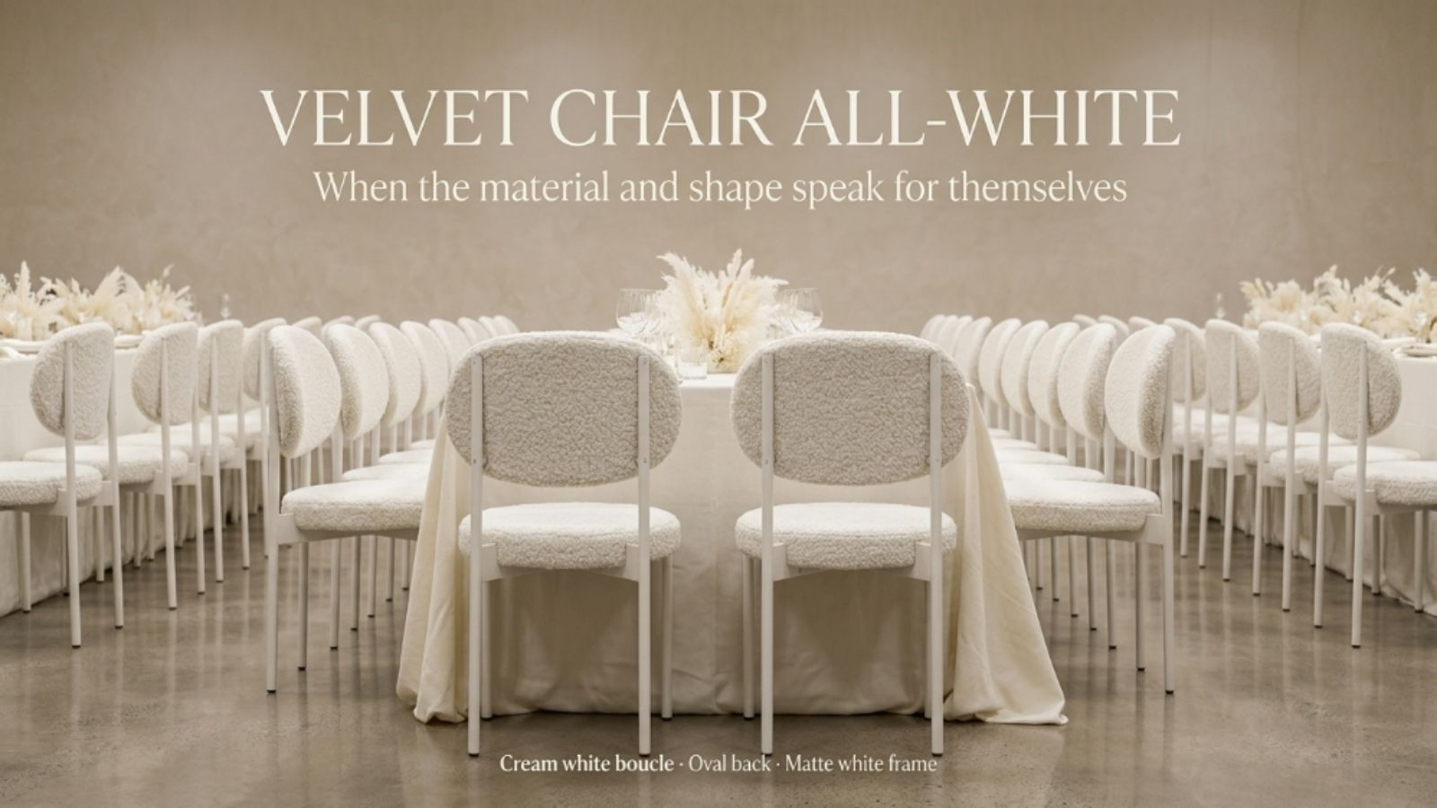 Velvet Chair ONE CHAIR all-white — lưng oval Boucle trắng kem, mặt ngồi tròn, khung kim loại sơn trắng matte — ảnh sản phẩm chuẩn studio
