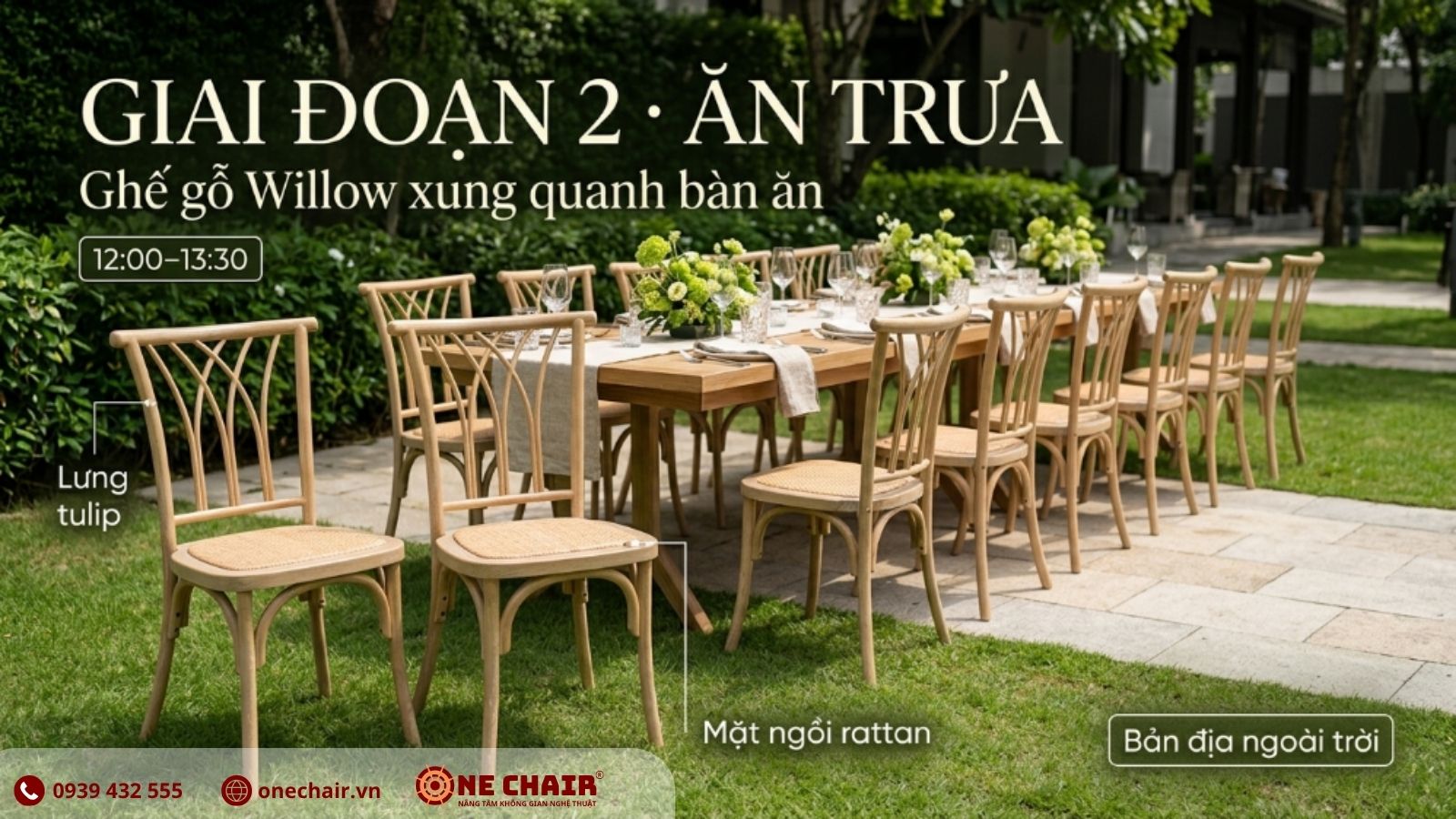 Ghế Willow gỗ tự nhiên lưng đan hoa tulip mặt ngồi rattan ONE CHAIR quanh bàn tiệc trưa outdoor Phase 2 sự kiện doanh nghiệp 2026