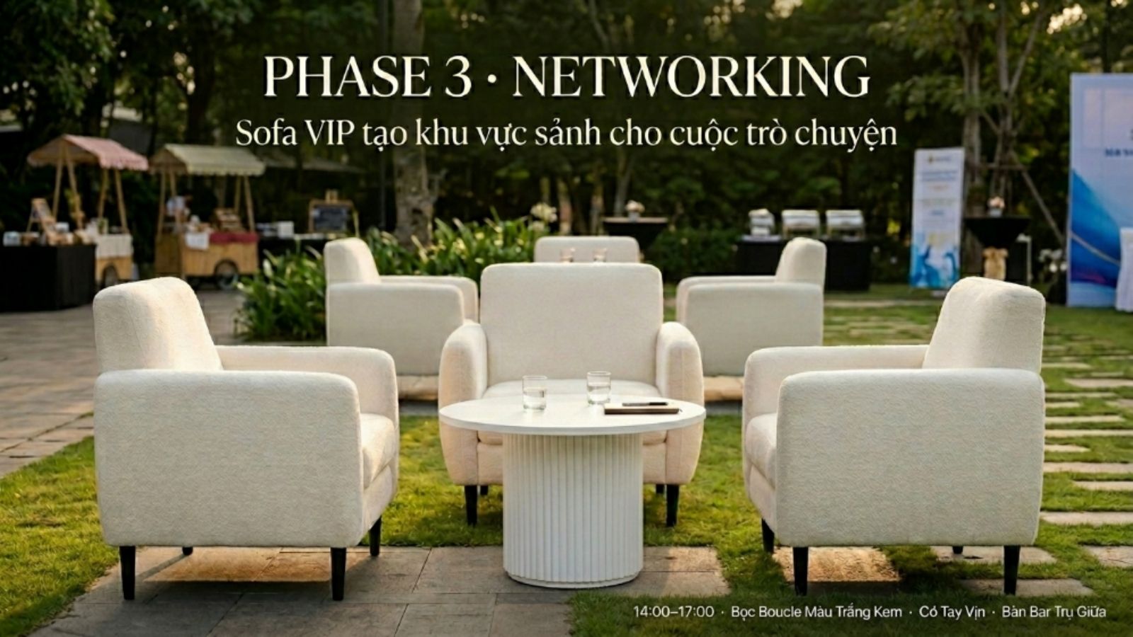 Cụm 2–3 Sofa VIP armchair Boucle trắng chân gỗ đen ONE CHAIR ghép thành ô networking lounge outdoor Phase 3 cùng Wooden Slatted Bar Table gỗ nan