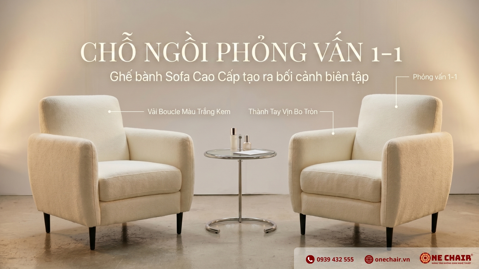 Hai Sofa VIP Armchair vải Boucle trắng kem tay vịn bo cong chân gỗ đen ONE CHAIR đặt đối nhau trong khu phỏng vấn 1-1 tại product launch Fashion Beauty 2026