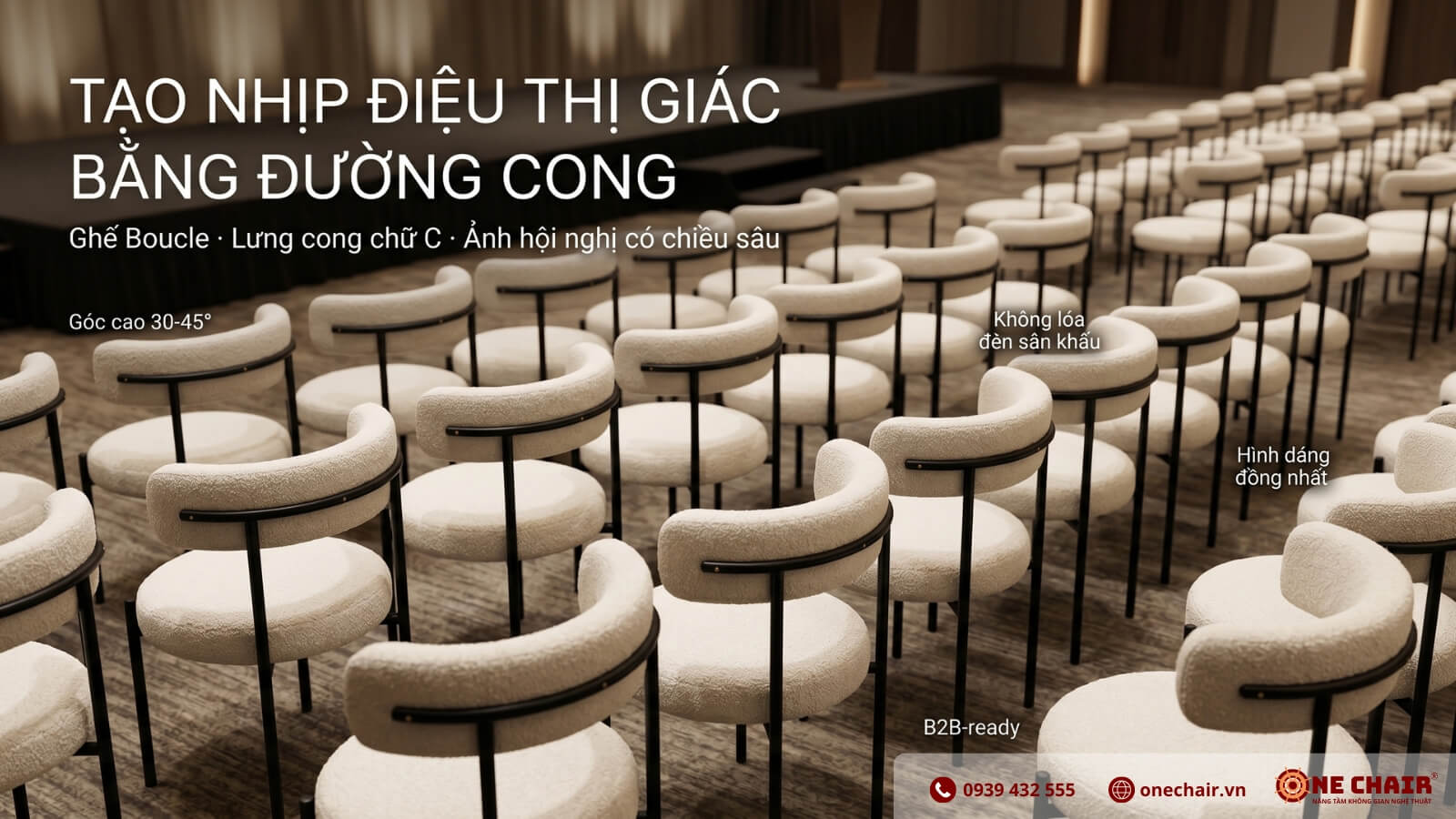 Hàng Boucle Chair lưng cong chữ C vải trắng kem khung đen ONE CHAIR nhìn từ góc cao tạo làn sóng thị giác đẹp trong hội nghị doanh nghiệp 2026