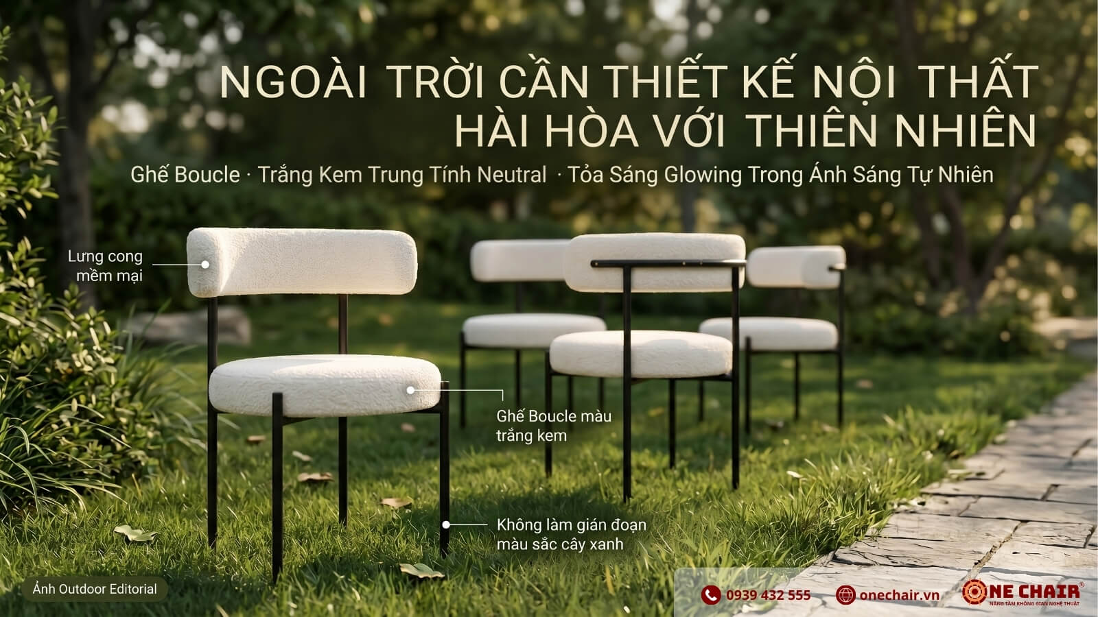 Boucle Chair lưng cong chữ C vải Boucle trắng kem khung đen ONE CHAIR trong không gian sự kiện outdoor tạo ảnh editorial dưới ánh sáng tự nhiên 2026