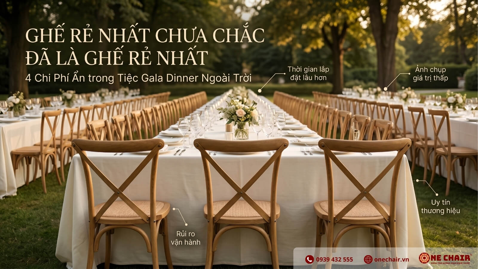 Ghế Crossback gỗ sồi tự nhiên lưng chữ X mặt rattan be ONE CHAIR quanh bàn tiệc dài trong Gala Dinner outdoor 2026