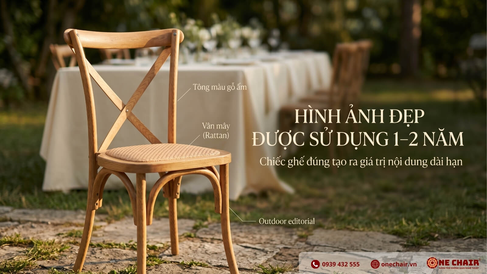 Ghế Crossback gỗ sồi lưng chữ X mặt rattan ONE CHAIR dưới ánh sáng tự nhiên outdoor — warm wood tone tạo ảnh Gala Dinner editorial đẹp