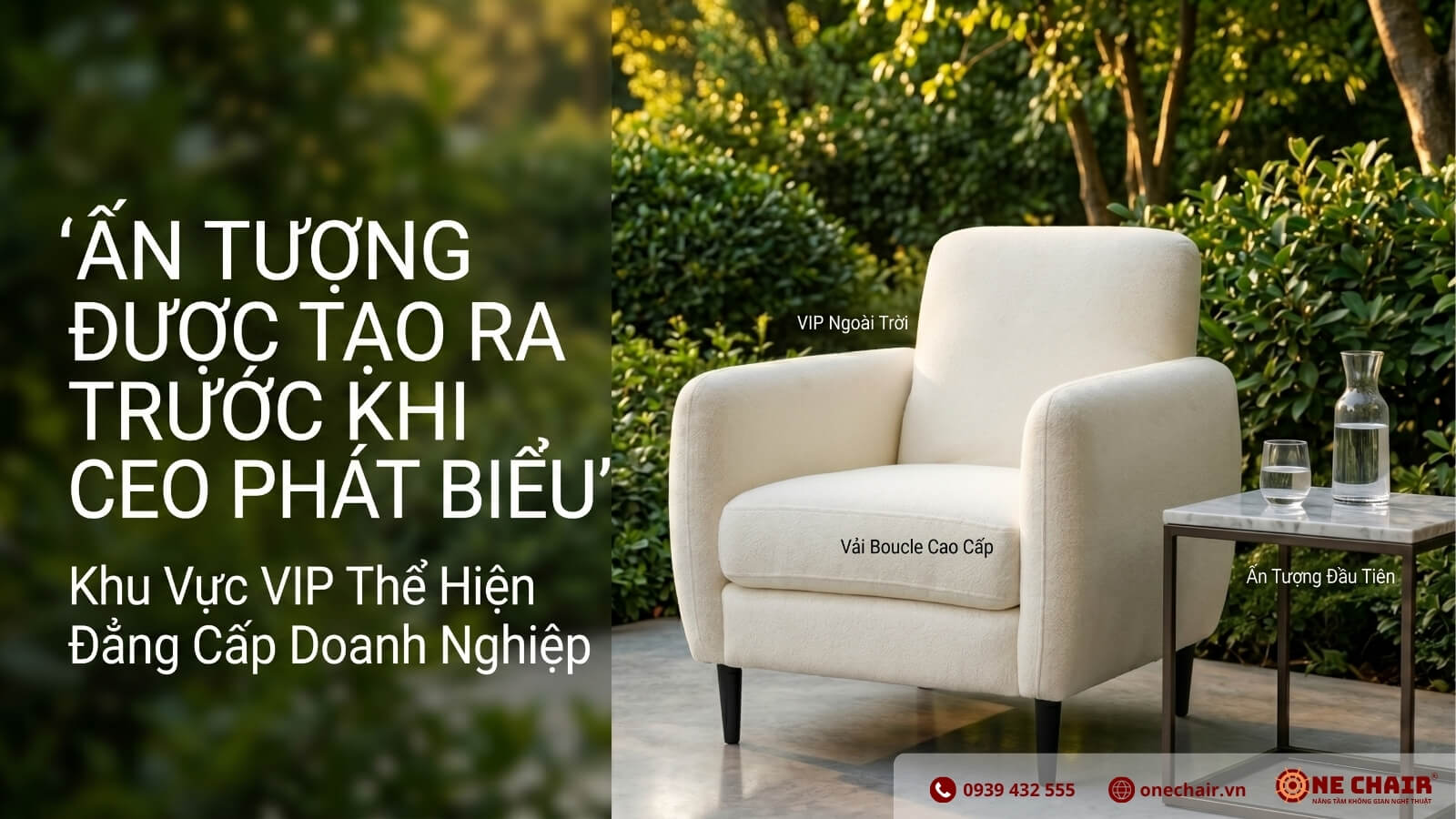 Sofa VIP Armchair Boucle trắng kem tay vịn bo cong chân gỗ đen ONE CHAIR trong khu VIP outdoor Gala Dinner tất niên — tạo ấn tượng đẳng cấp trước khách mời