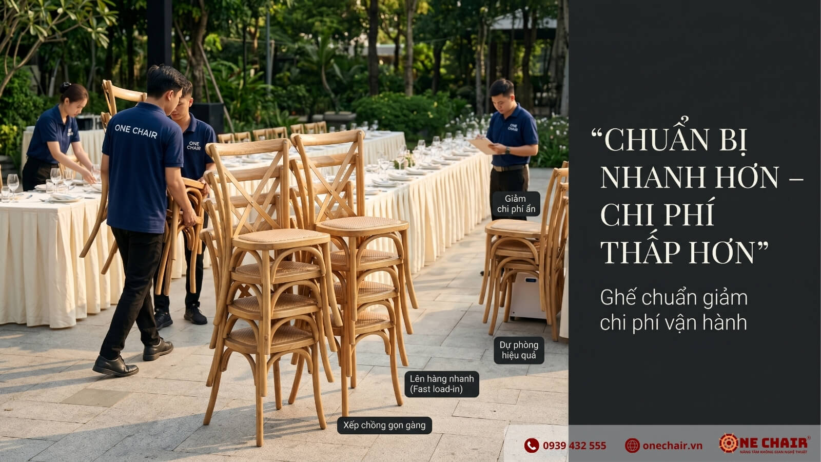 Nhân sự ONE CHAIR đang setup Ghế Crossback gỗ sồi xếp chồng nhanh cho Gala Dinner outdoor — minh họa tiết kiệm thời gian và chi phí setup