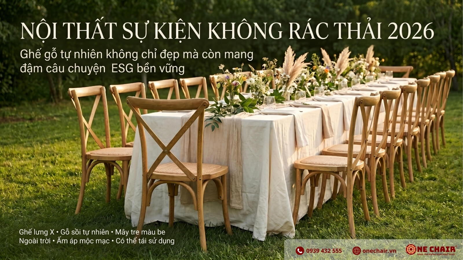 Ghế Crossback gỗ sồi tự nhiên lưng chữ X mặt rattan ONE CHAIR trong không gian sự kiện zero-waste outdoor 2026 — vật liệu tự nhiên hoà quyện thiên nhiên