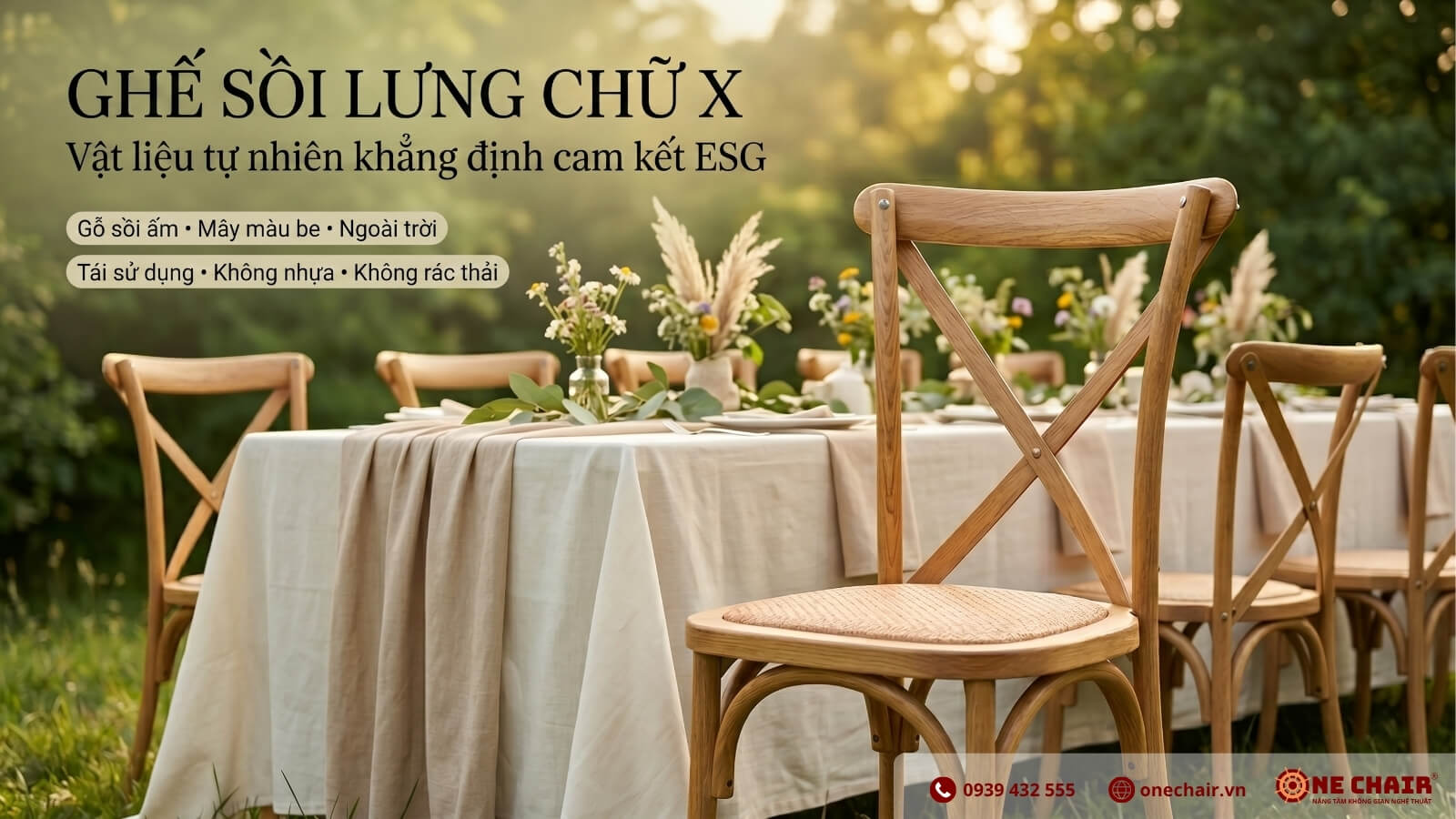 Ghế Crossback gỗ sồi lưng chữ X mặt rattan be ONE CHAIR quanh bàn tiệc dài outdoor — warm grounded palette tông đất ấm chuẩn zero-waste event 2026