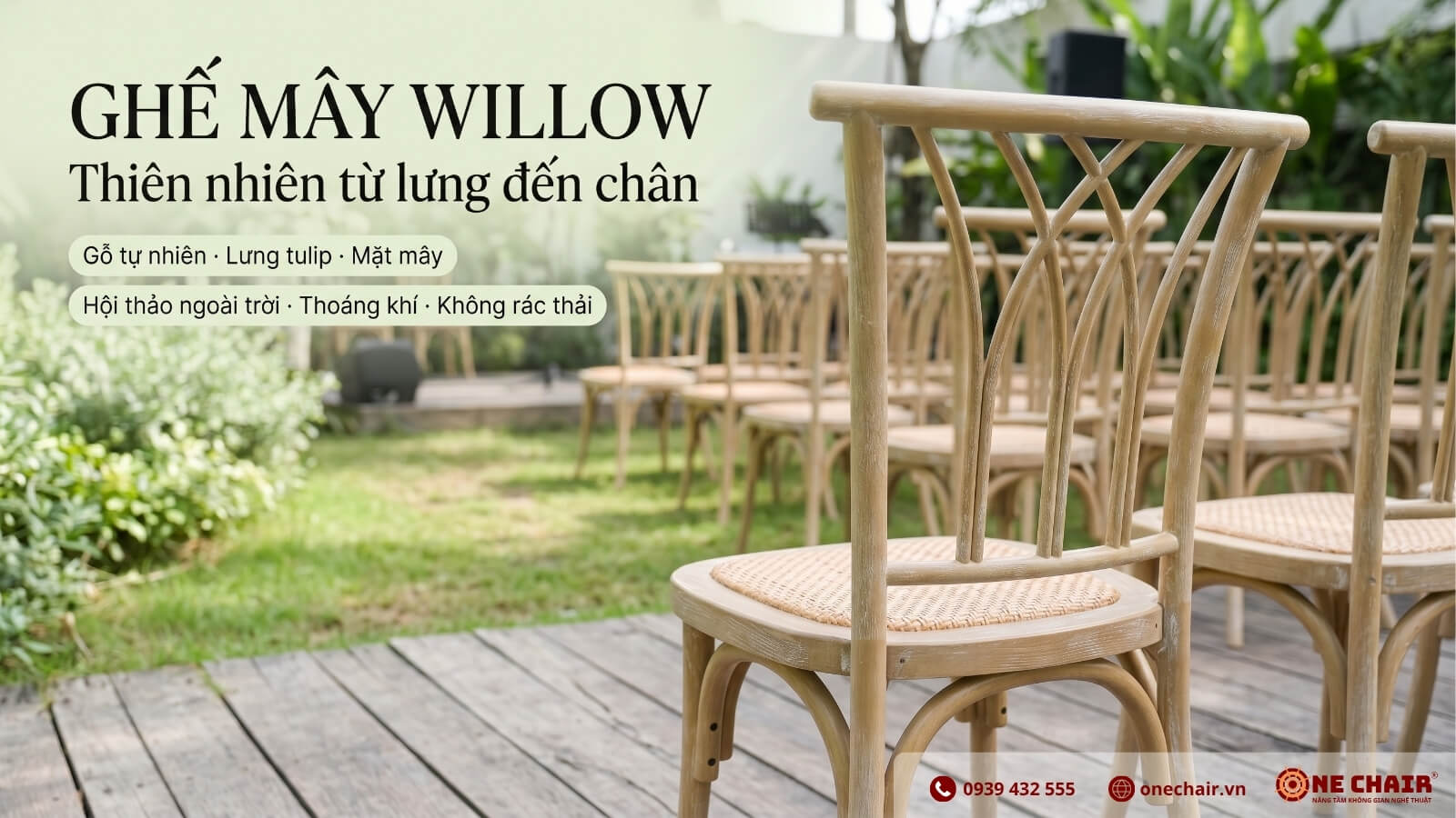 Ghế Willow gỗ tự nhiên lưng hoa tulip mặt rattan ONE CHAIR xếp hàng trong không gian workshop outdoor — vật liệu hữu cơ thuần tự nhiên chuẩn zero-waste