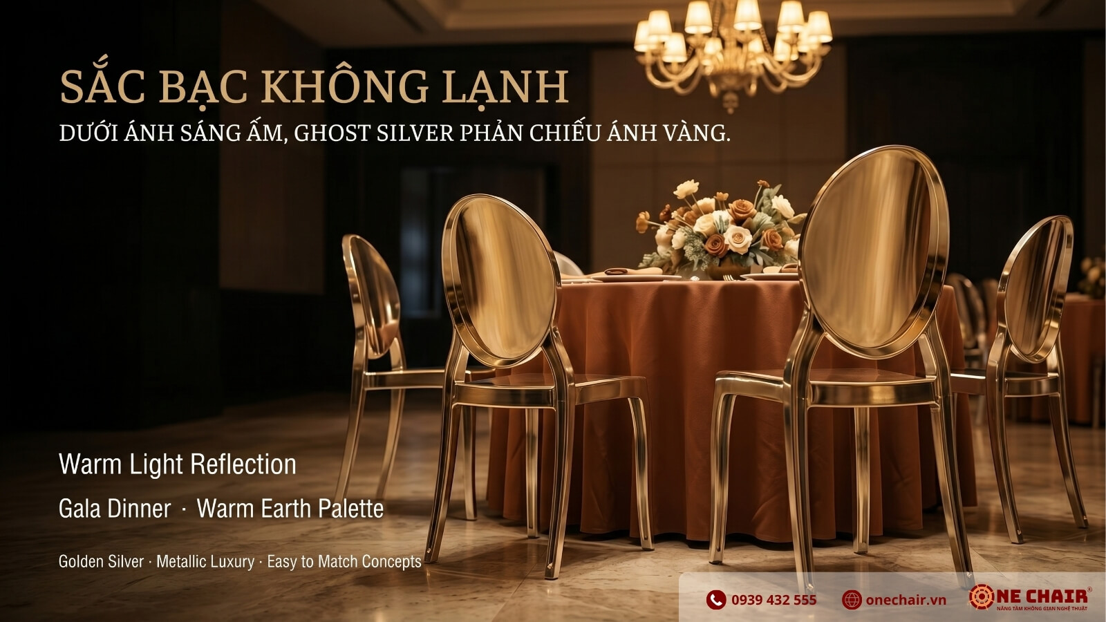 Ghost Silver nhựa Resin mạ xi bạc ONE CHAIR quanh bàn tiệc indoor dưới đèn warm 2700K — lớp mạ bạc phản chiếu ánh vàng ấm tạo hiệu ứng bạc vàng độc đáo