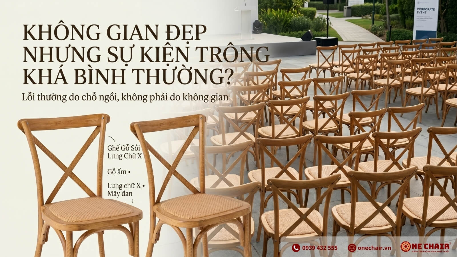 Ghế Crossback gỗ sồi lưng chữ X mặt rattan ONE CHAIR xếp hàng ngồi trong hội nghị conference outdoor — warm wood tone hoà quyện với không gian thiên nhiên