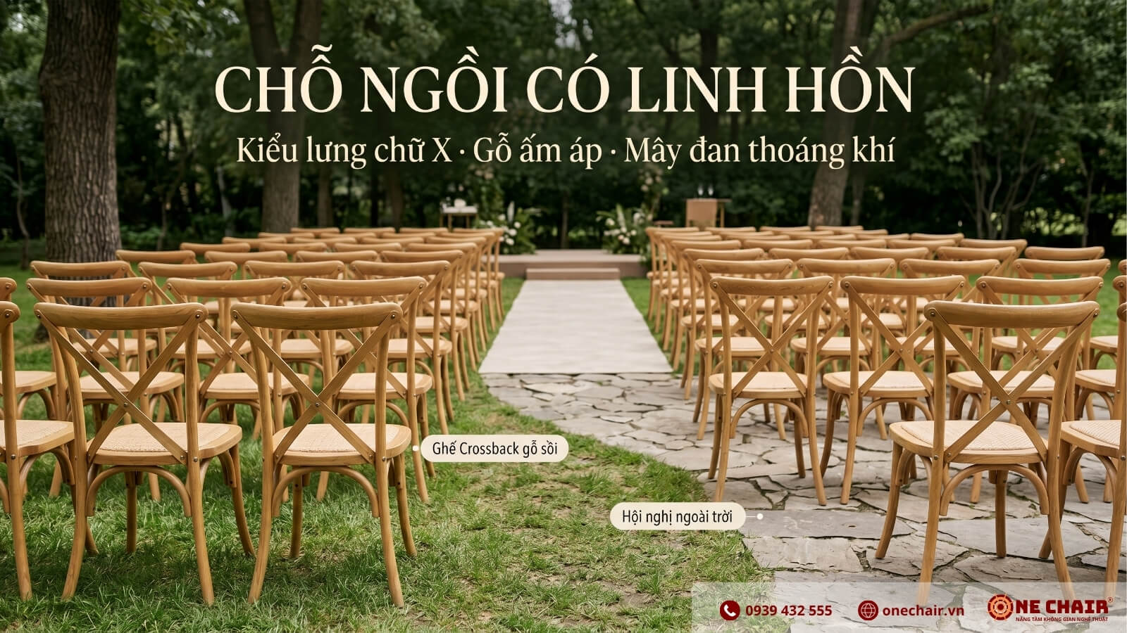 Hàng Ghế Crossback gỗ sồi lưng chữ X mặt rattan ONE CHAIR nhìn từ góc cao trong conference outdoor — pattern lưng X tạo nhịp thị giác đẹp dưới ánh sáng tự nhiên