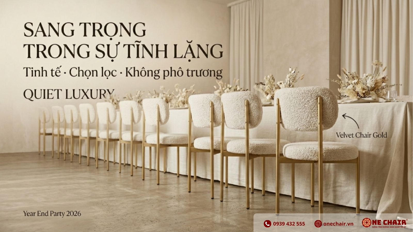 Velvet Chair khung vàng gold matte vải Boucle lông cừu trắng kem ONE CHAIR trong không gian Year End Party concept Quiet Luxury 2026 — tinh tế không phô trương