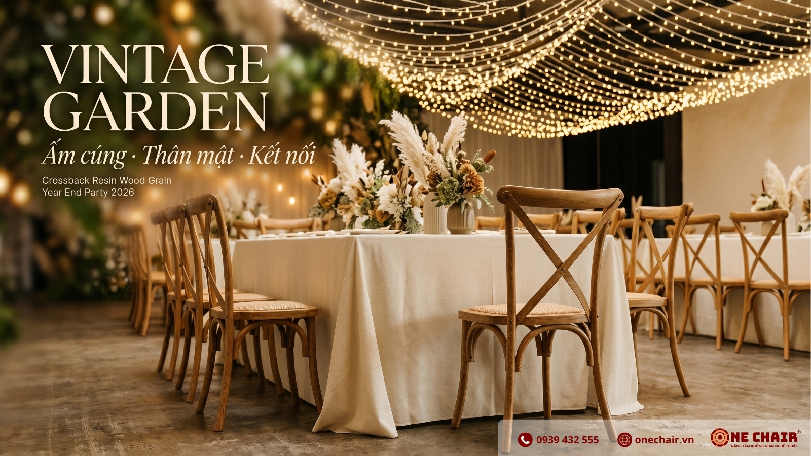 Ghế Crossback Resin vân gỗ nệm mây tự nhiên ONE CHAIR quanh bàn tiệc concept Vintage Garden Year End Party 2026 — warm wood tone hoà với hoa khô và fairy light