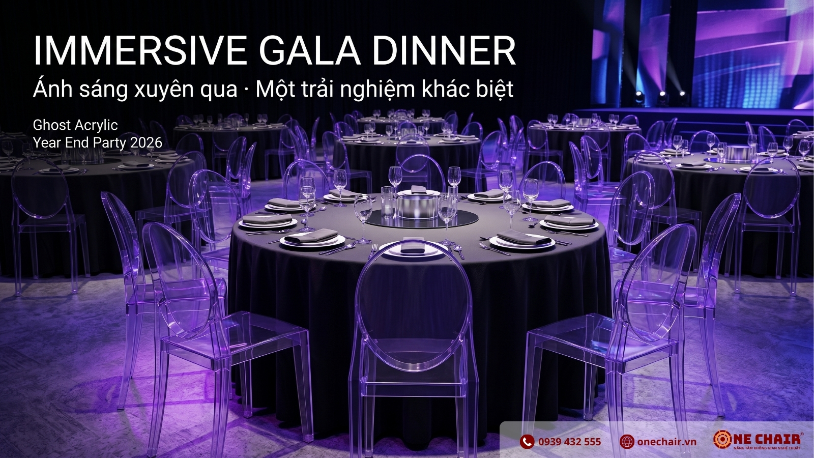 Ghost Chair Acrylic trong suốt ánh tím ONE CHAIR trong không gian Year End Party concept Immersive Futuristic 2026 — đèn LED xuyên qua acrylic tạo hiệu ứng màu sắc động