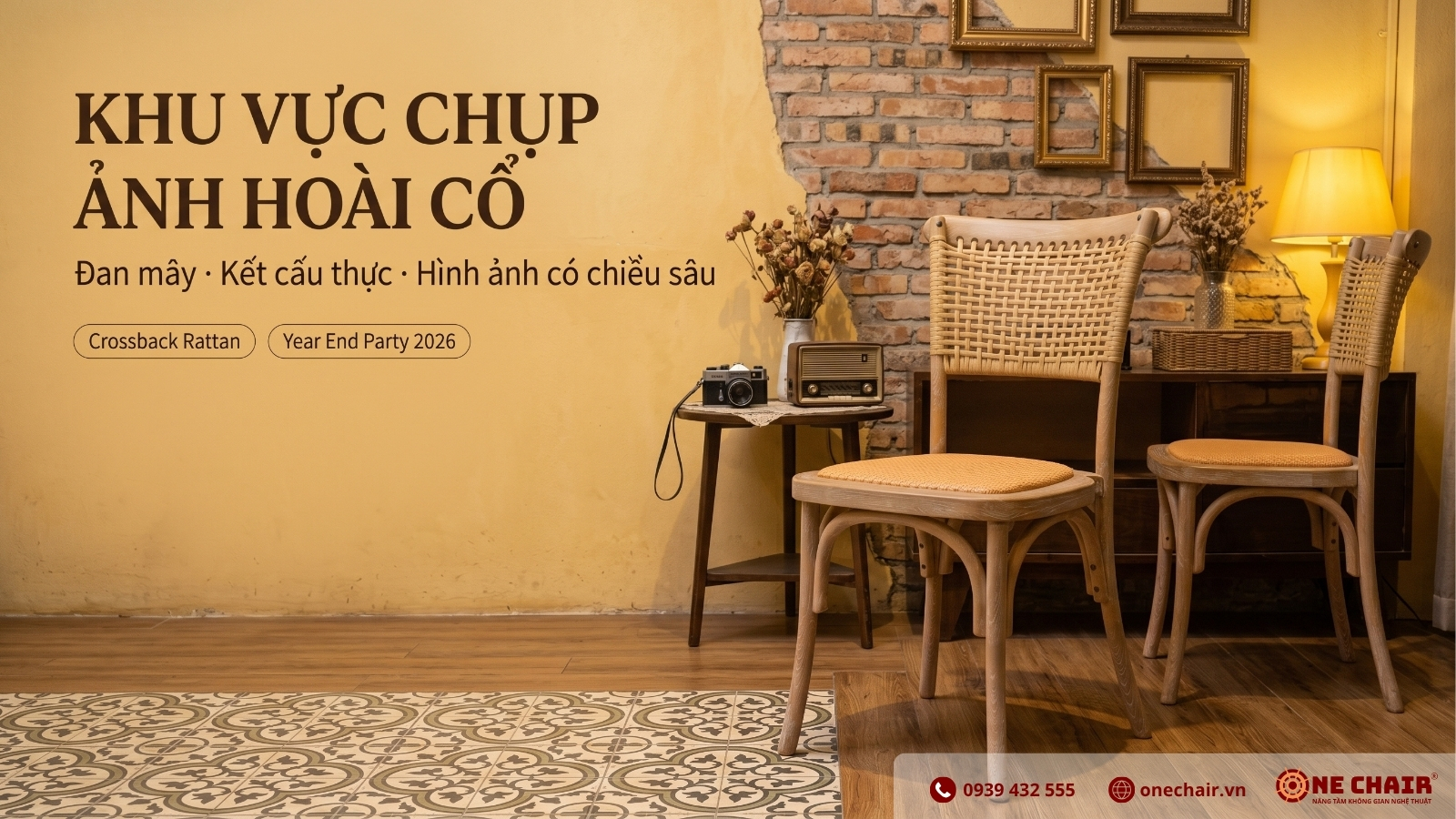 Crossback Rattan khung Resin lưng đan mây ô vuông thủ công ONE CHAIR trong khu chụp ảnh hoài niệm Year End Party Retro 80s–90s — texture mây tạo depth ảnh đẹp tự nhiên