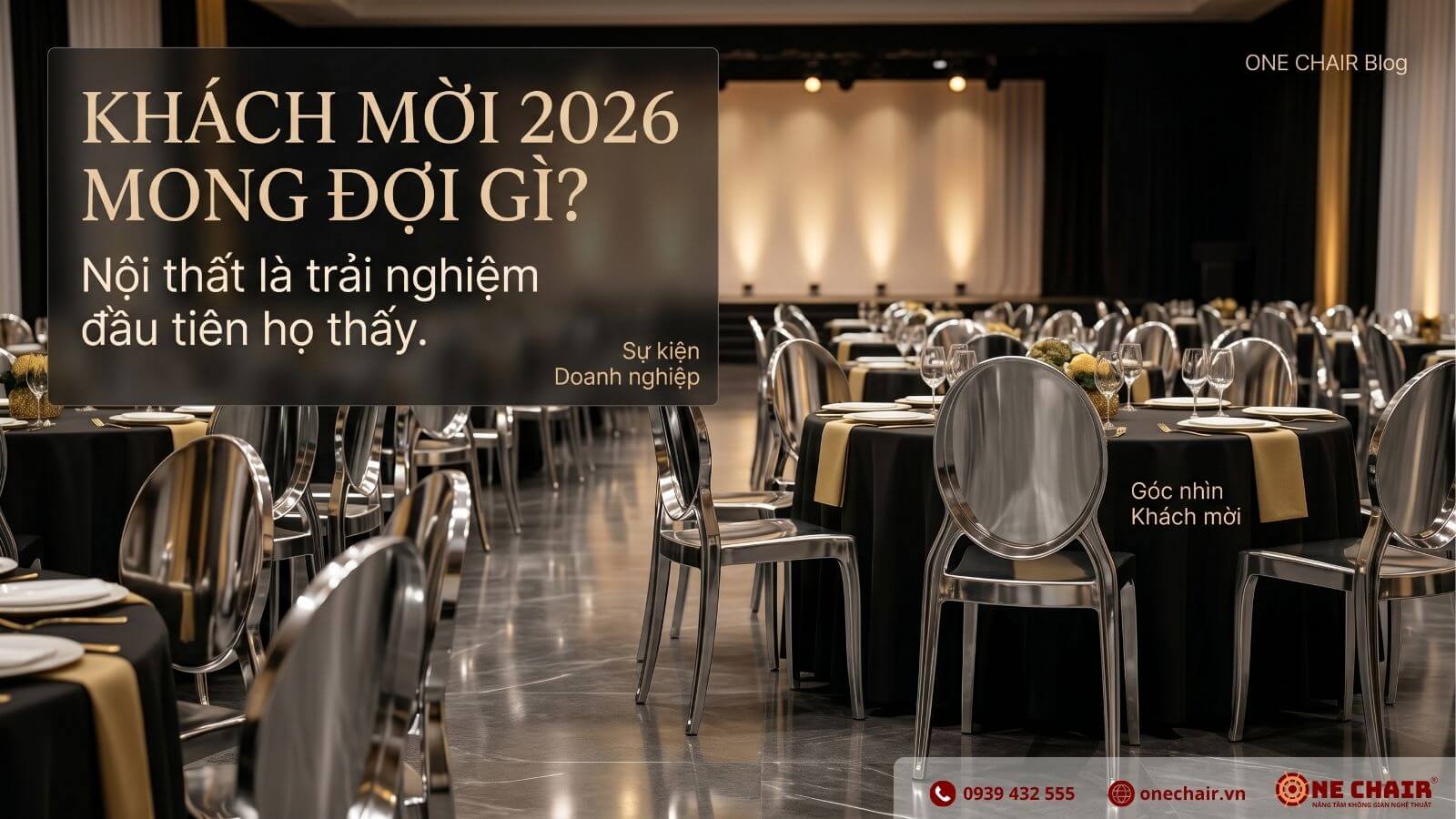 Chrome Ghost ONE CHAIR trong không gian gala corporate — visual impact đúng với kỳ vọng