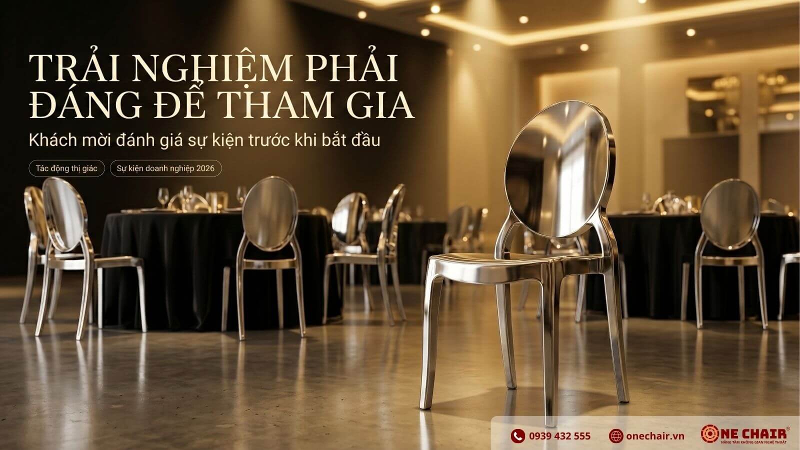 ụm Velvet Bar và Wooden Slatted Bar Table ONE CHAIR trong khu Networking Break hội nghị corporate — điểm neo tự nhiên cho khách mời trao đổi