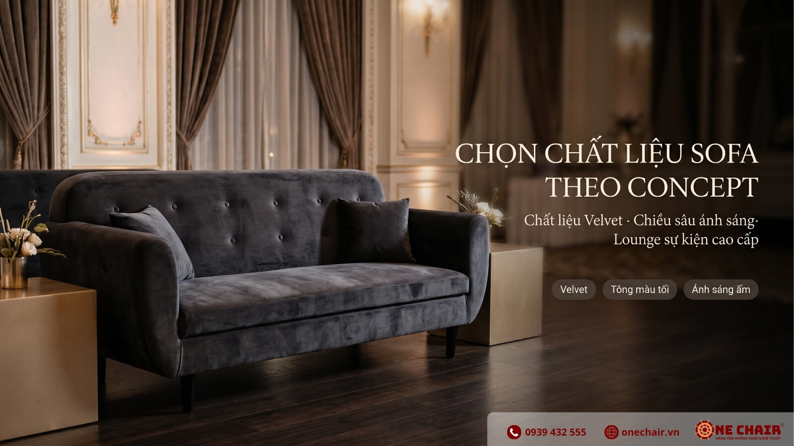 Loveseat Sofa bọc vải nhung tông trầm cho không gian sự kiện cao cấp