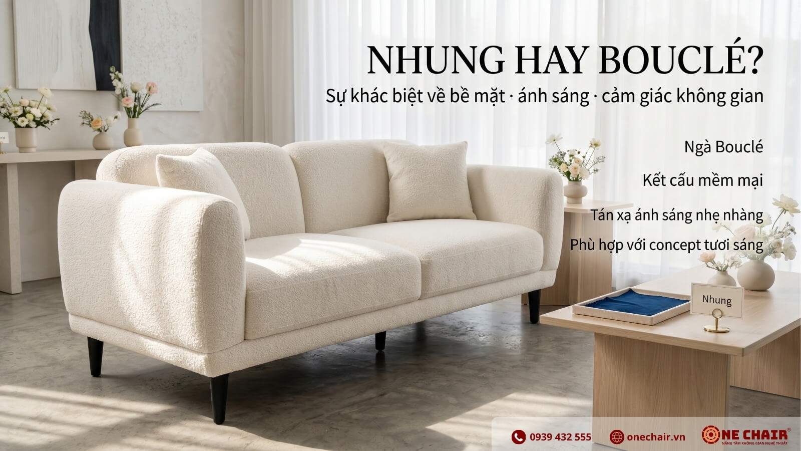 Lounge Sofa bọc vải lông cừu bouclé ivory bề mặt texture mềm cho sự kiện