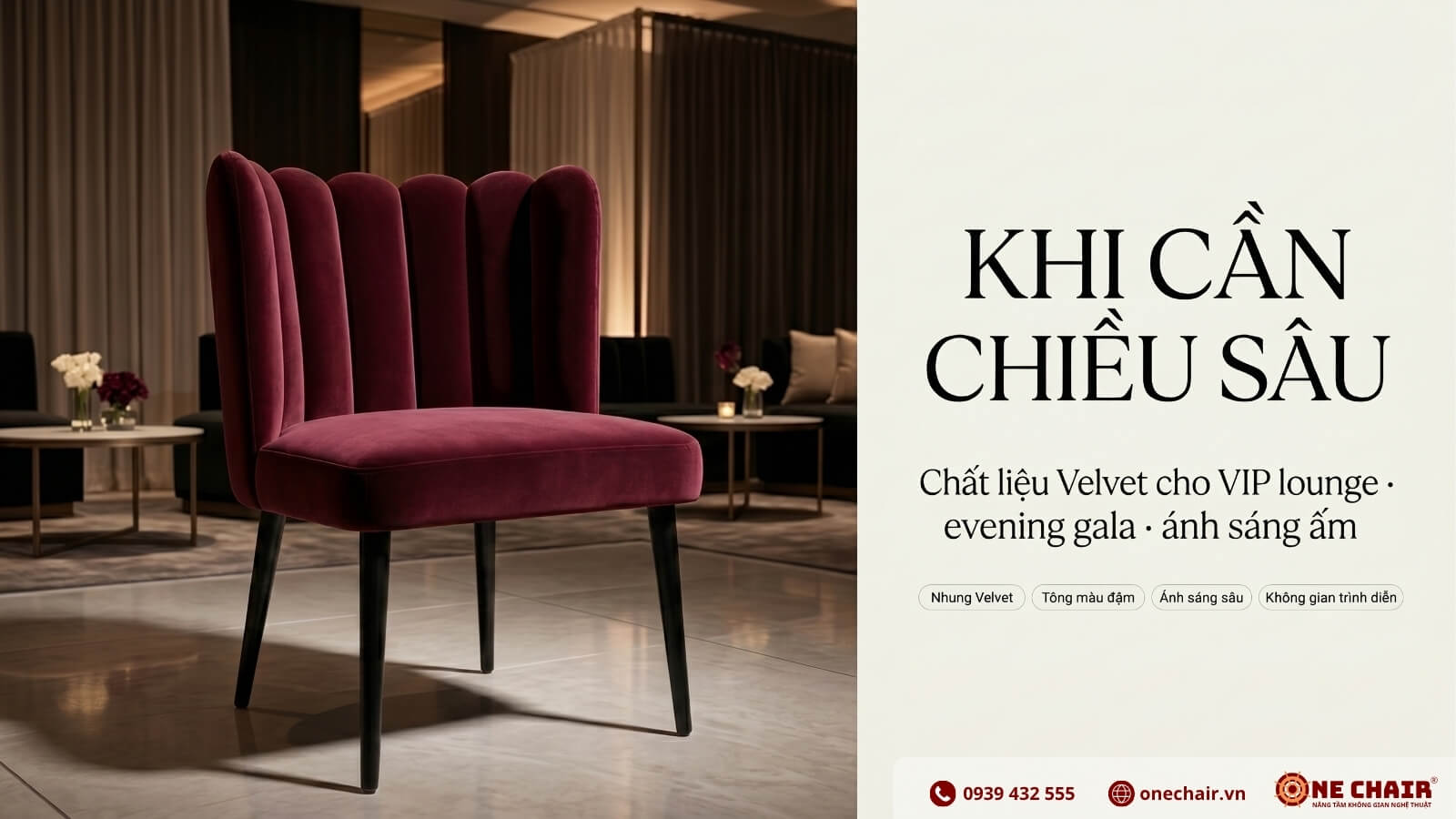 Tulip Sofa bọc vải nhung tông trầm cho khu lounge VIP sự kiện buổi tối