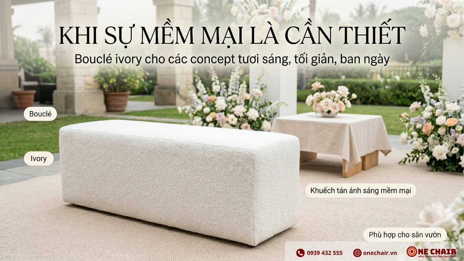 Bench Sofa bọc vải lông cừu bouclé ivory cho sự kiện ban ngày ngoài trời