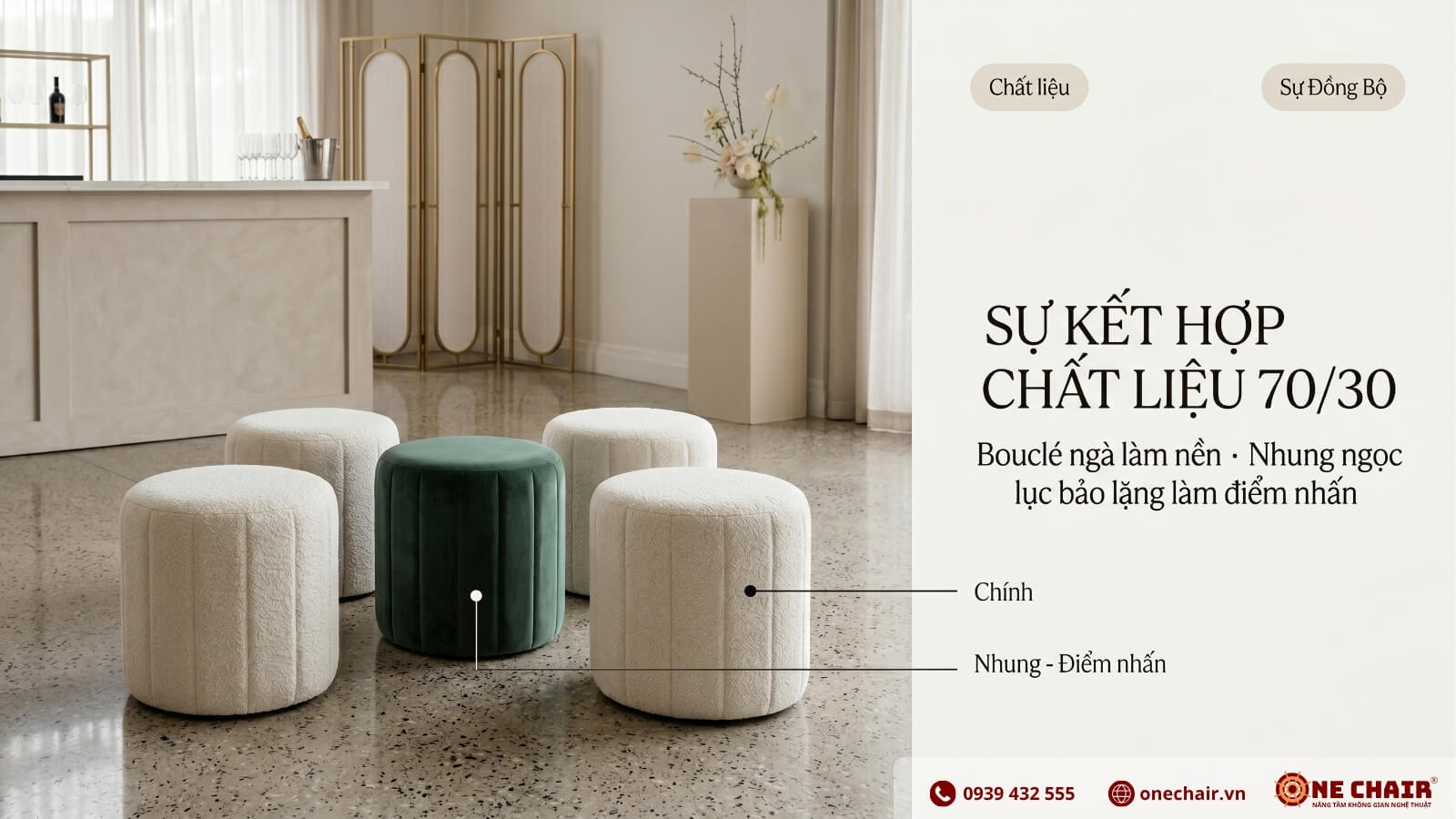 Cụm đôn Round Don phối vải lông cừu ivory và điểm nhấn vải nhung trong sự kiện