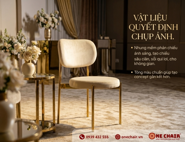 Velvet Chair chất liệu nhung bắt sáng tạo chiều sâu dưới ánh sáng không gian tiệc
