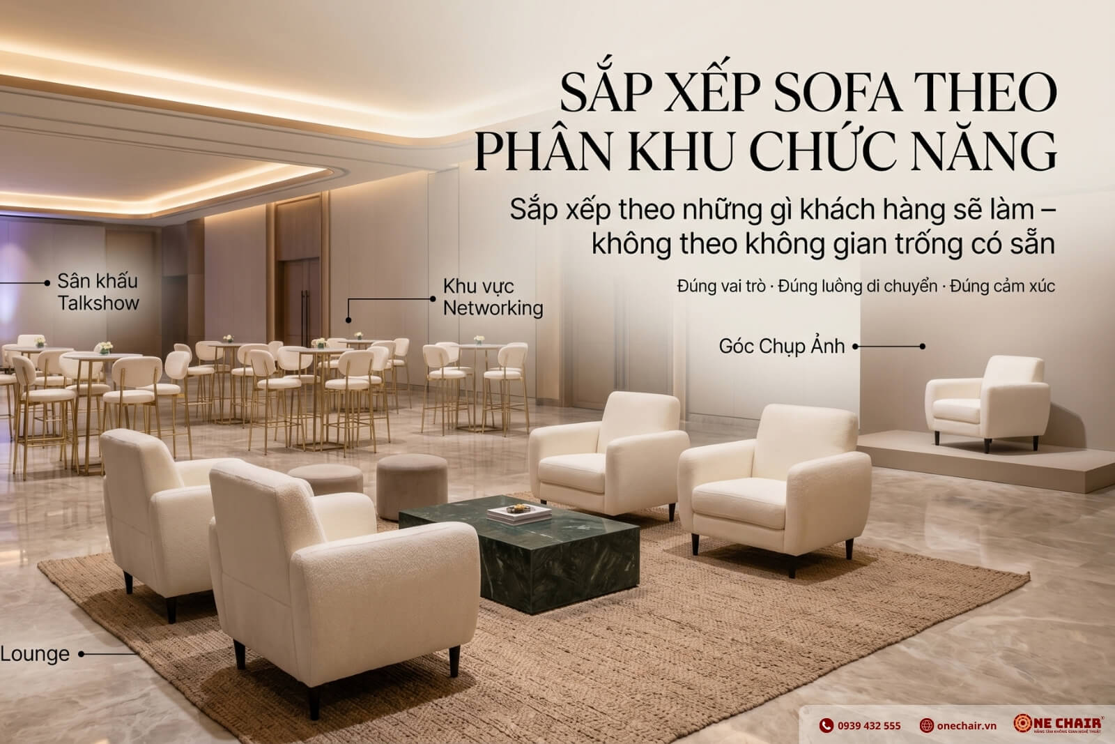 Sơ đồ phối sofa theo năm khu chức năng lounge networking photo stage welcome trong sự kiện