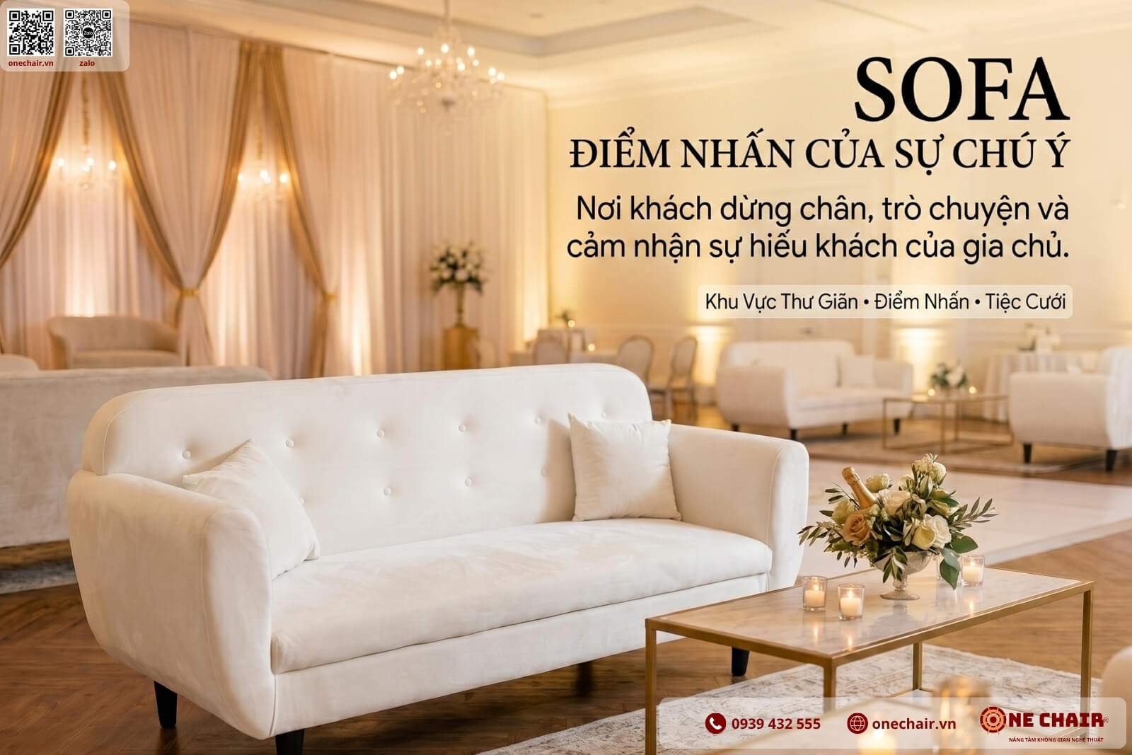 Sofa cong làm điểm tụ ánh nhìn trong khu nghỉ của một tiệc cưới sang trọng
