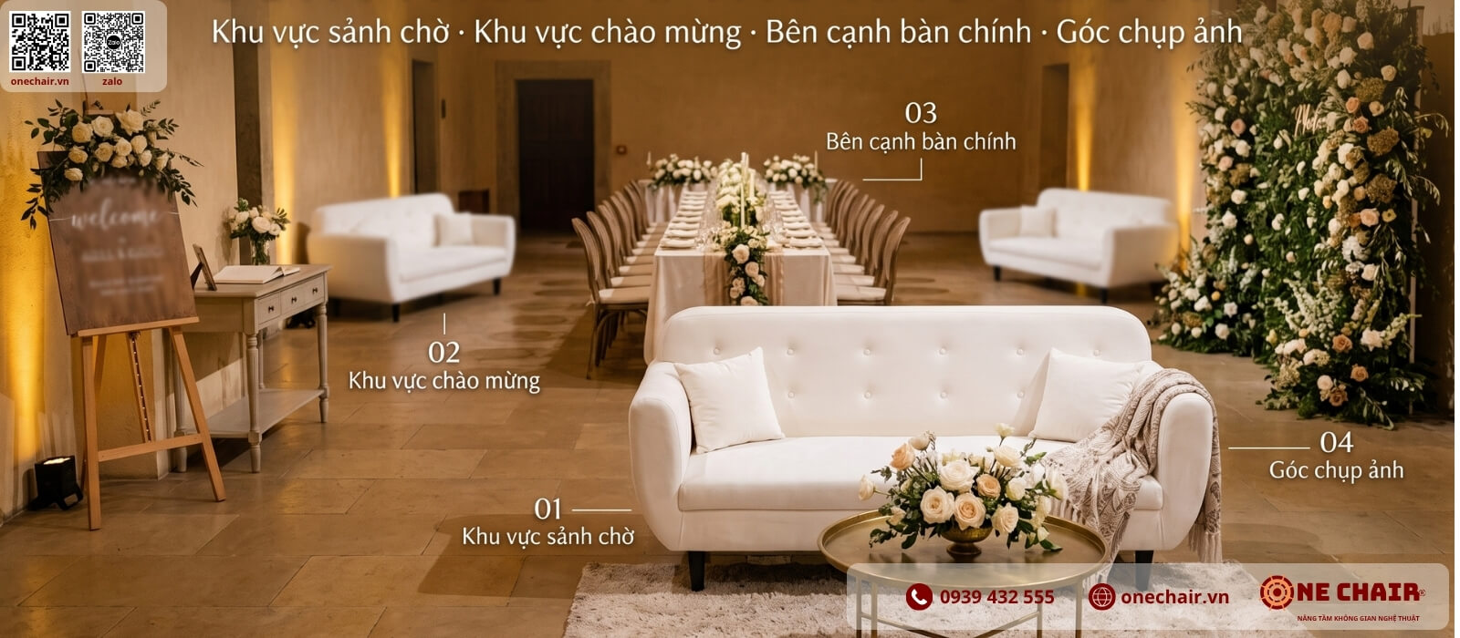 Sơ đồ bốn vai trò của sofa trong tiệc cưới: lounge, đón khách, bàn chính, khu chụp ảnh