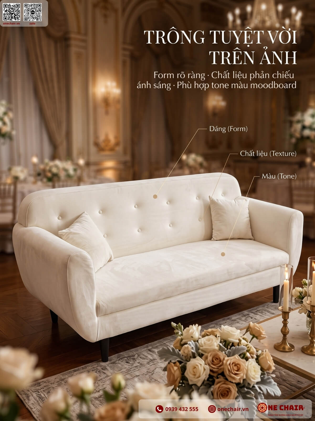 Chi tiết chất liệu nhung của sofa cưới bắt sáng dưới đèn tiệc