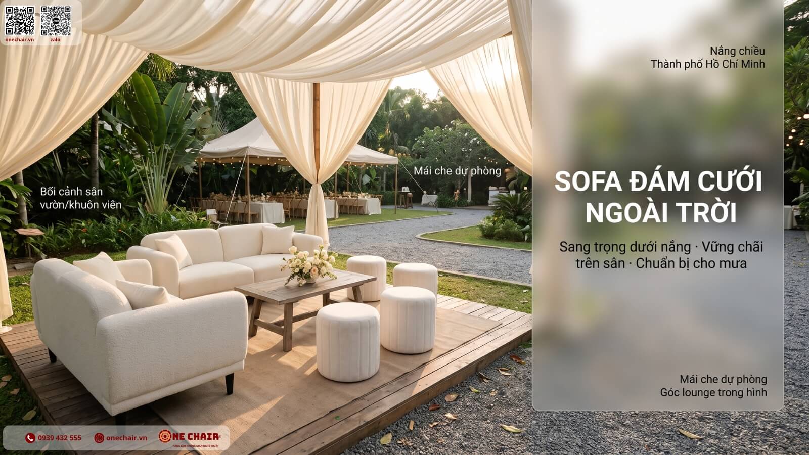 Lounge Sofa ivory trong khu lounge tiệc cưới ngoài trời tại TP.HCM