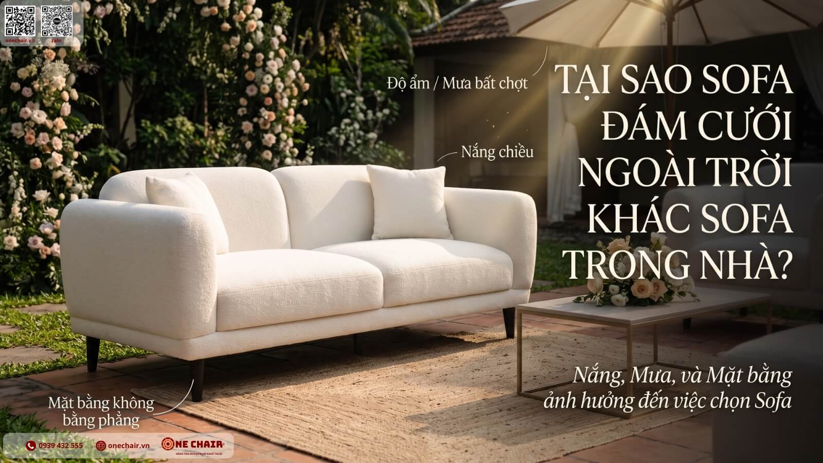 Loveseat Sofa ivory đặt trong khu lounge tiệc cưới sân vườn ngoài trời