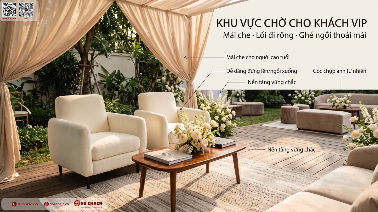VIP Armchair ivory trong khu lounge tiệc cưới ngoài trời có mái che