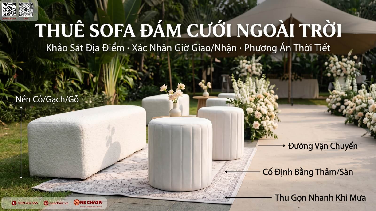Bench Sofa và Round Don ivory phối trong khu lounge tiệc cưới ngoài trời