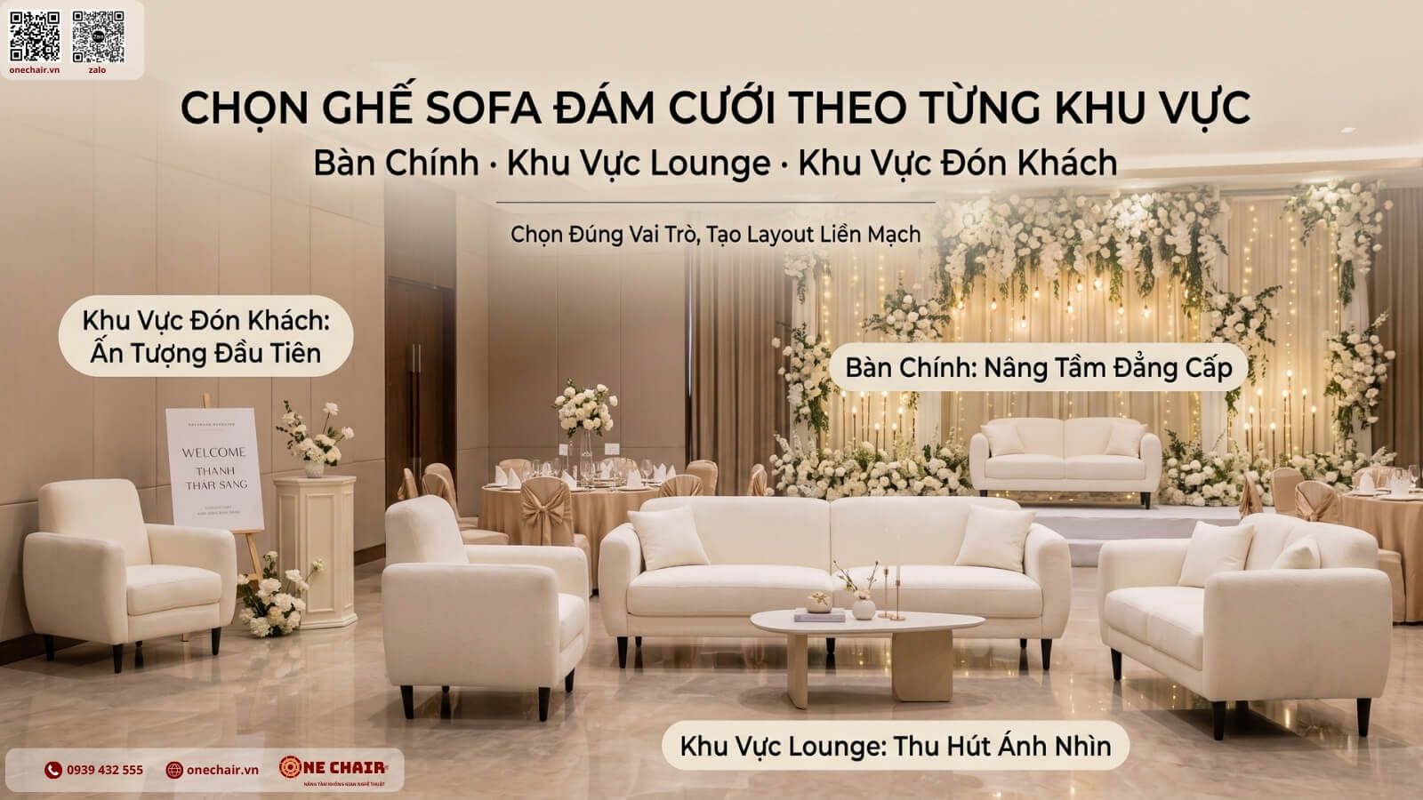 Lounge Sofa ivory nhìn từ góc khác trong khu nghỉ tiệc cưới