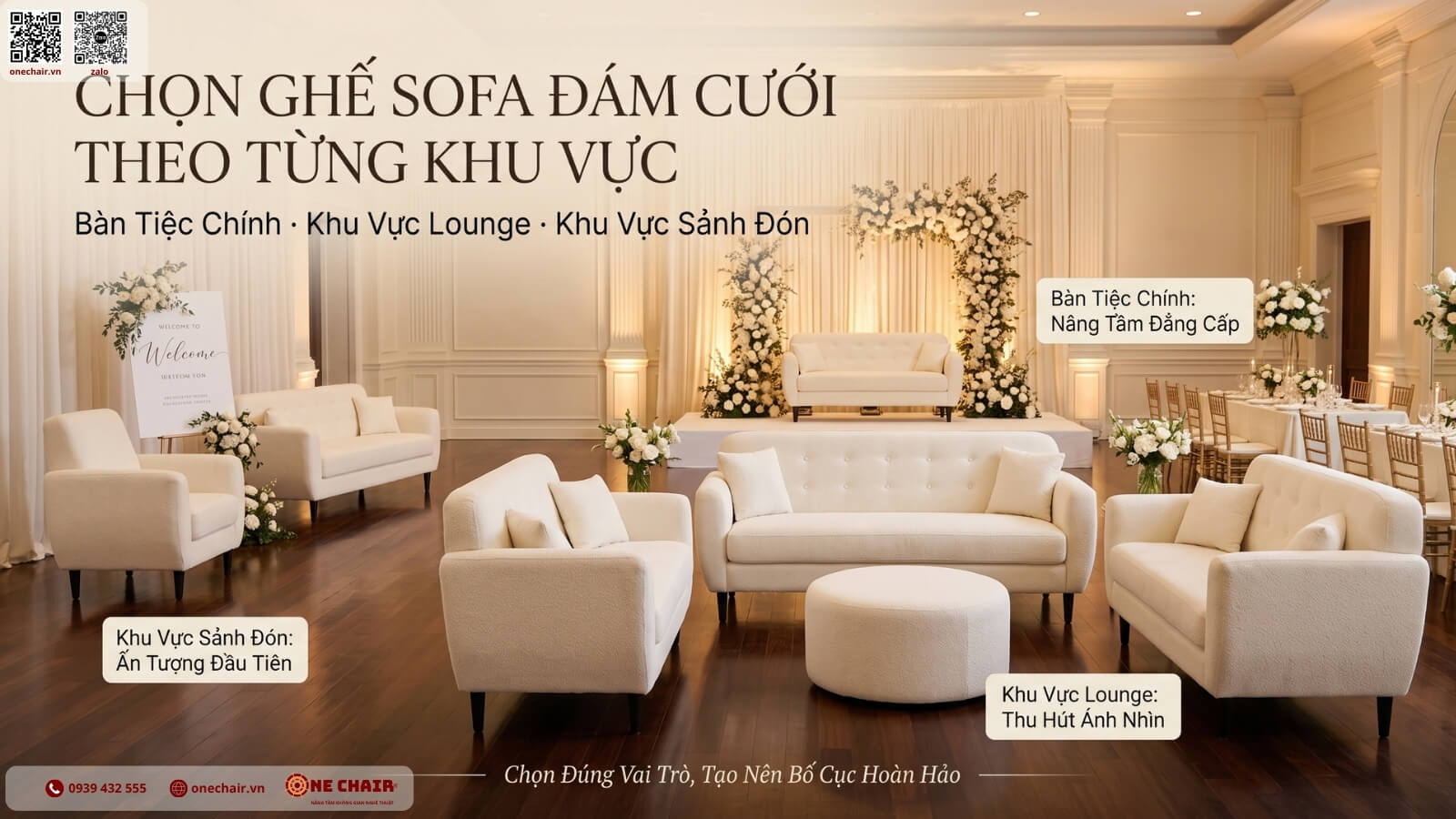 Toàn cảnh cụm Lounge Sofa ivory trong layout tiệc cưới