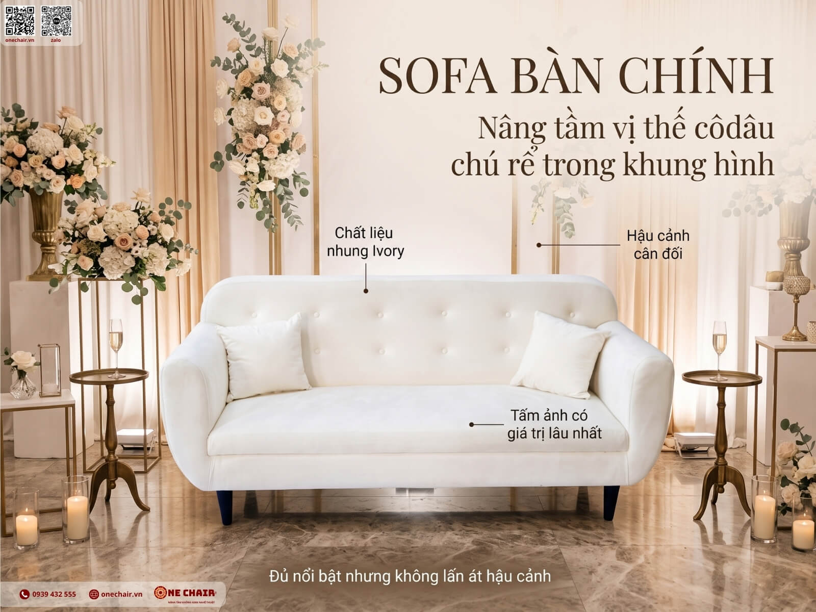 Bench Sofa và Round Don ivory phối thành cụm lounge tiệc cưới