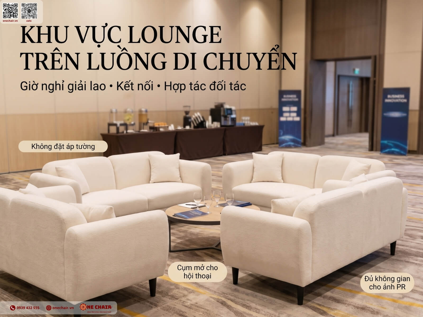 Loveseat Sofa ivory tại khu tiếp đối tác VIP trong sự kiện doanh nghiệp